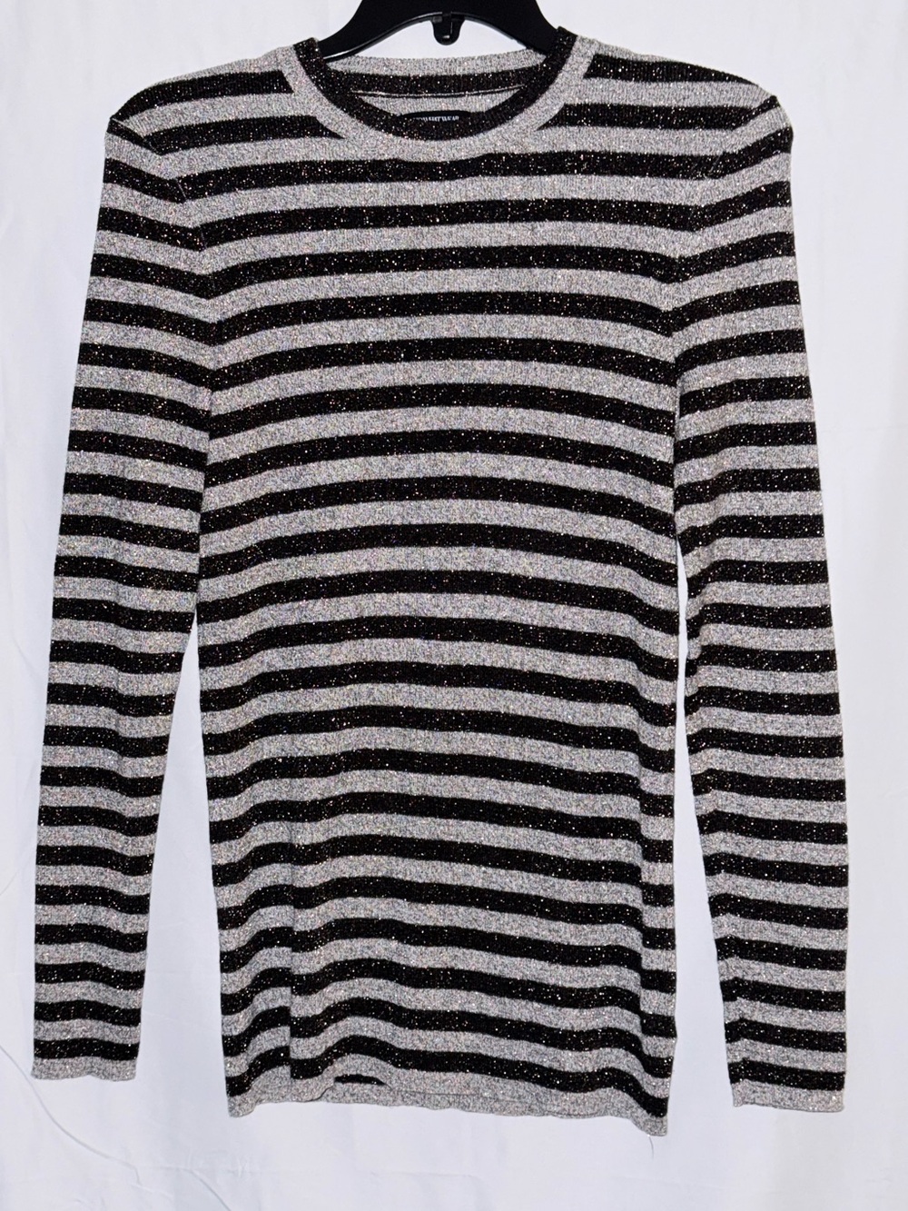 Who What Wear Black and Silver Metallic Striped Crewneck Sweater Size XS